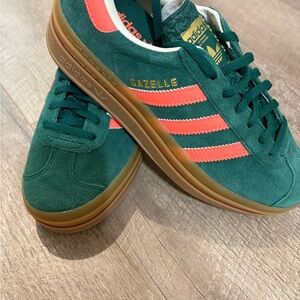 Adidas Gazelle Forest Green with Coral Stripes